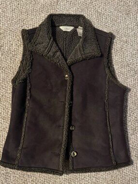 LL Bean Women’s Brown Sherpa Lined Suede Vest OBCU3 Size XS